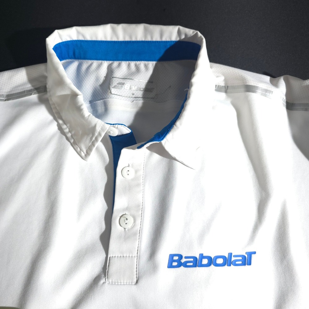 Babolat Polo Shirt Men M White Blue Performance Tennis Golf Athletic Fit Top Pro - Picture 5 of 9